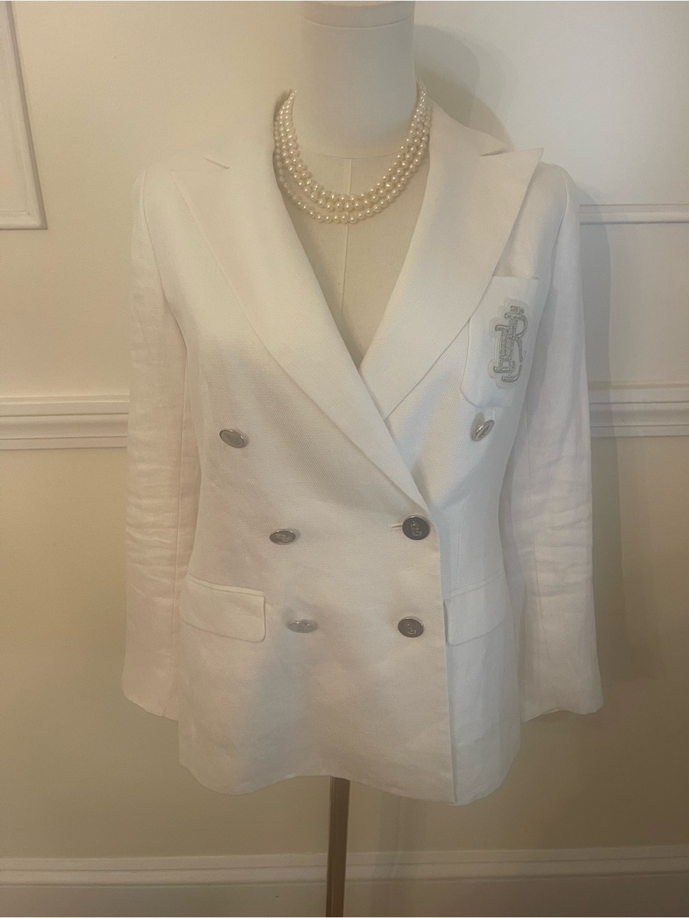 Ralph Lauren 100% Linen White Double-Breasted Blazer with Crest Initials